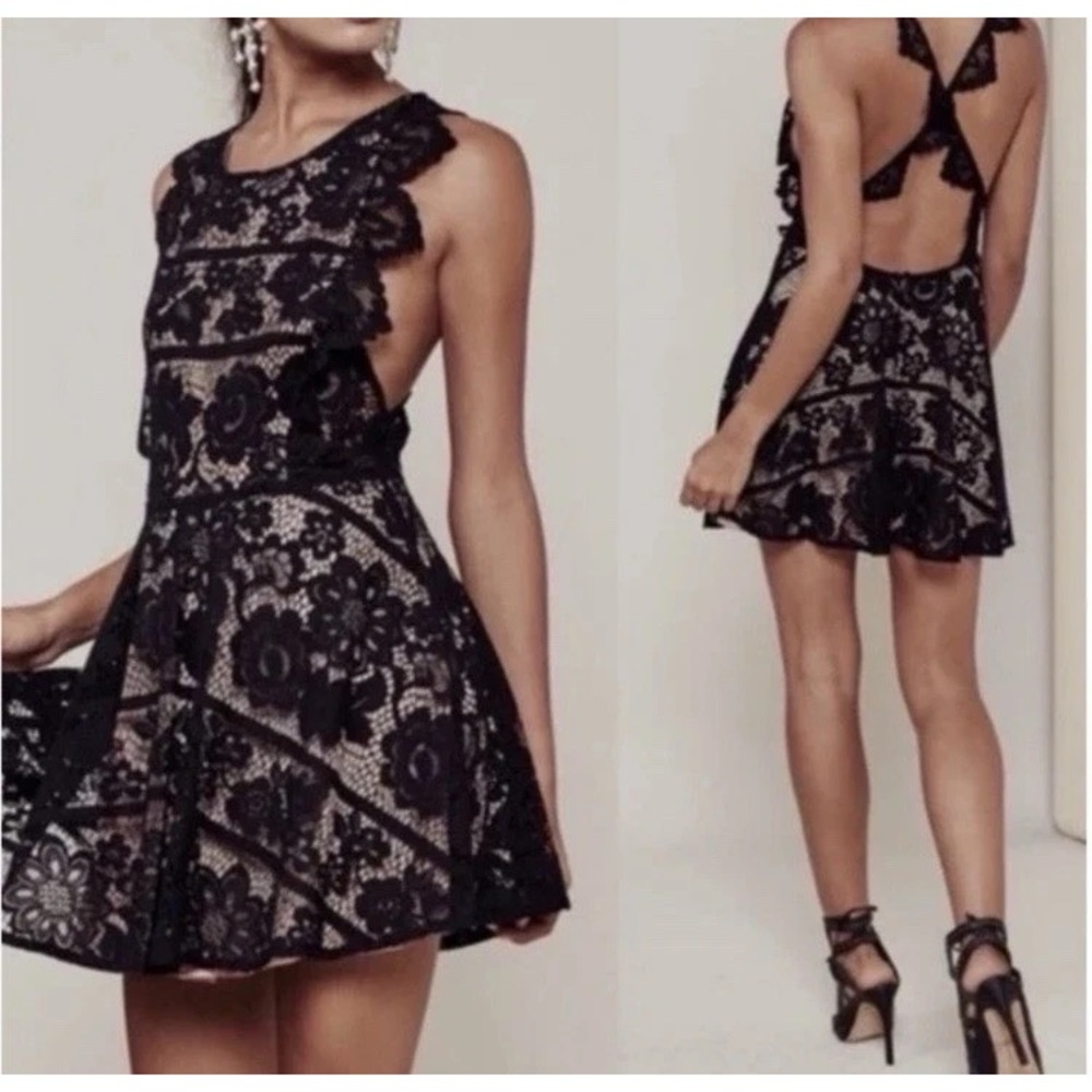 For Love & Lemons Dress Medium Gianna Black Nude Lace Mini Sleeveless Dress
